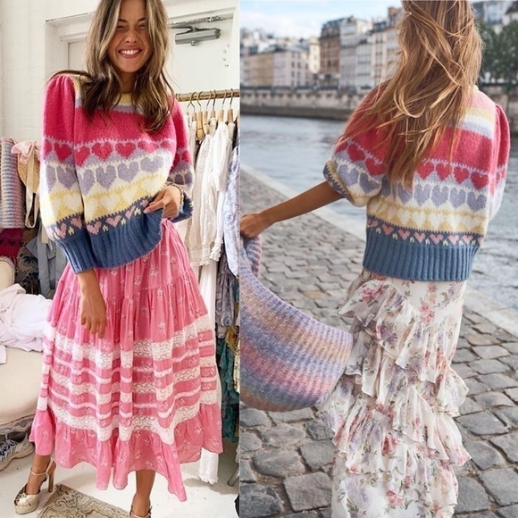 LoveShackFancy Sweater Shirelle Puff-Sleeve Heart Wool Alpaca Pink Icing M EUC - Picture 8 of 13